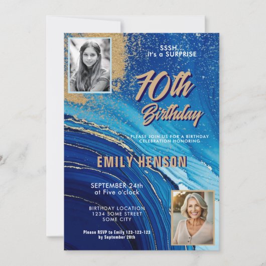 ブルー金ゴールド大理石グリッター2写真70誕生日 招待状 (正面)