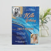 ブルー金ゴールド大理石グリッター2写真70誕生日 招待状 (スタンド正面)