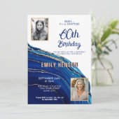 ブルー金ゴールド大理石グリッター2 Photo 60誕生日 招待状 (スタンド正面)