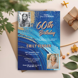 ブルー金ゴールド大理石グリッター2 Photo 60誕生日 招待状