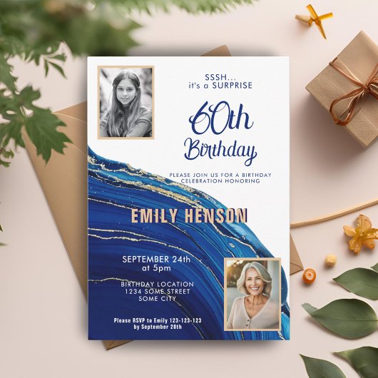 ブルー金ゴールド大理石グリッター2 Photo 60誕生日 招待状