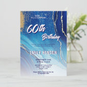 ブルー金ゴールド大理石グリッター60th誕生日 招待状 (スタンド正面)