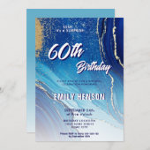 ブルー金ゴールド大理石グリッター60th誕生日 招待状 (正面/裏面)