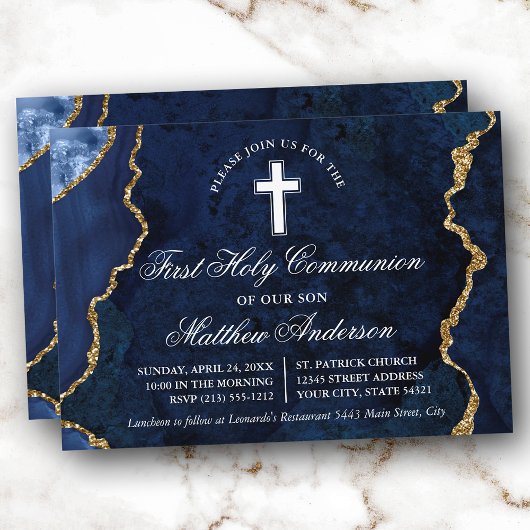 ブルー金ゴールド大理石瑪瑙の最初の聖餐式 招待状