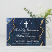 ブルー金ゴールド大理石瑪瑙の最初の聖餐式 招待状 (スタンド正面)
