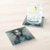 ブルー金ゴールド妖精ファンタジー ガラスコースター (アングル)