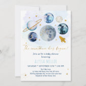 ブルー金ゴールド宇宙カウントダウンが赤ちゃんシャワーを開始 招待状 (正面)