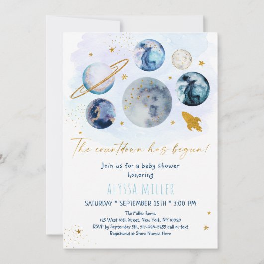 ブルー金ゴールド宇宙カウントダウンが赤ちゃんシャワーを開始 招待状 (正面)