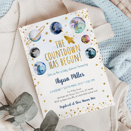 ブルー金ゴールド宇宙カウントダウンが赤ちゃんシャワーを開始 招待状