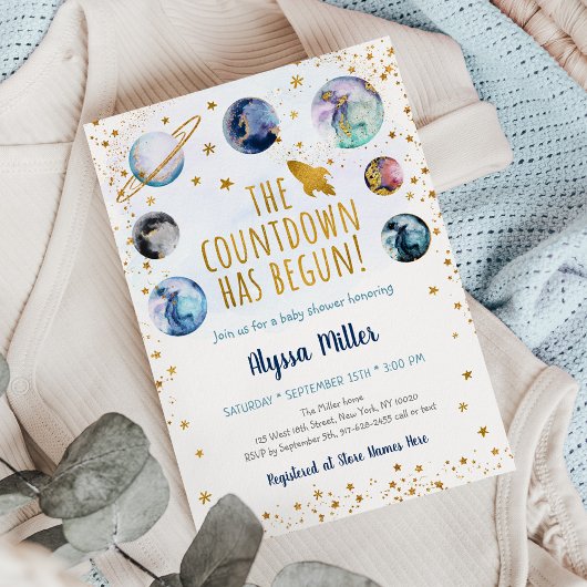 ブルー金ゴールド宇宙カウントダウンが赤ちゃんシャワーを開始 招待状