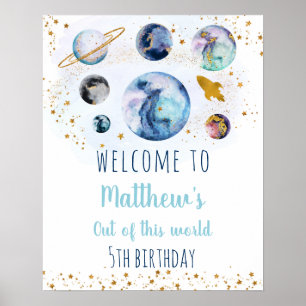 ブルー金ゴールド宇宙誕生日へようこそ ポスター