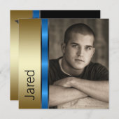 ブルー金ゴールド少年写真卒業発表 招待状 (正面/裏面)