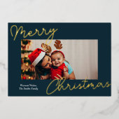 ブルー金ゴールド書道楽しいクリスマスシンプルの写真 箔シーズンカード (正面)