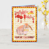 ブルー金ゴールド月の新年のウサギの写真 カード (黄色い花)