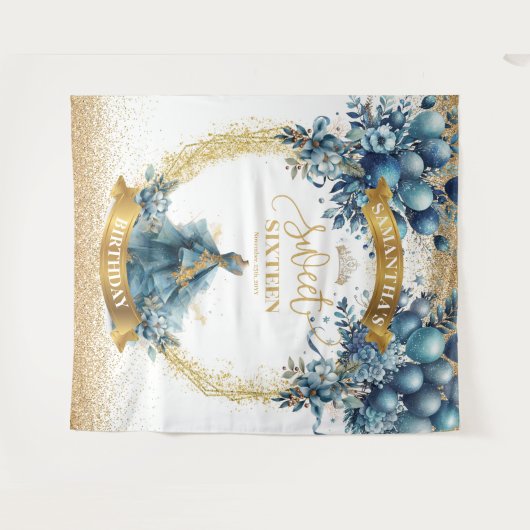 ブルー金ゴールド水の色エレガント甘い16ドレスバナー タペストリー (正面(横))