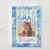 ブルー金ゴールド水彩アート2025写真卒業 招待状 (正面)