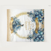 ブルー金ゴールド水彩バルーンスウィート16パーティーバナー タペストリー (正面(横))