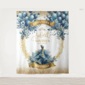 ブルー金ゴールド水彩バルーンスウィート16パーティーバナー タペストリー (正面)