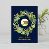 ブルー金ゴールド水彩リースカスタムロゴ 箔シーズンカード (立ち正面)