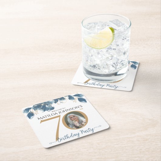 ブルー金ゴールド水彩写真フローラ70誕生日 スクエアペーパーコースター (インサイチュ)