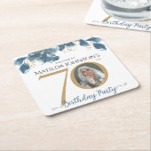 ブルー金ゴールド水彩写真フローラ70誕生日 スクエアペーパーコースター (アングル)