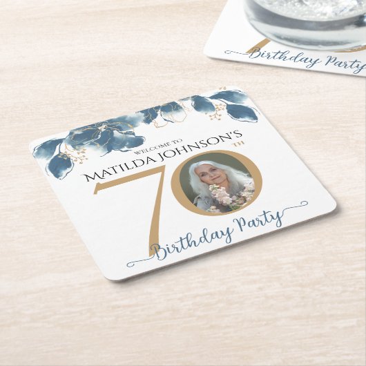 ブルー金ゴールド水彩写真フローラ70誕生日 スクエアペーパーコースター (アングル)