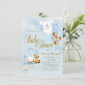 ブルー金ゴールド水彩少年の赤ちゃんシャワー 招待状 (スタンド正面)