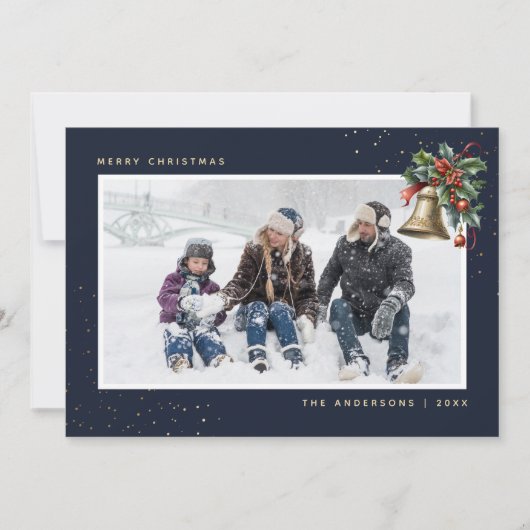 ブルー金ゴールド水彩柊ベル写真 シーズンカード (正面)