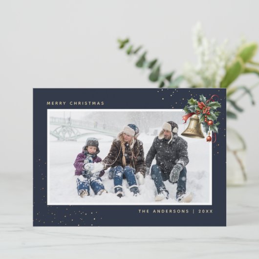 ブルー金ゴールド水彩柊ベル写真 シーズンカード (スタンド正面)