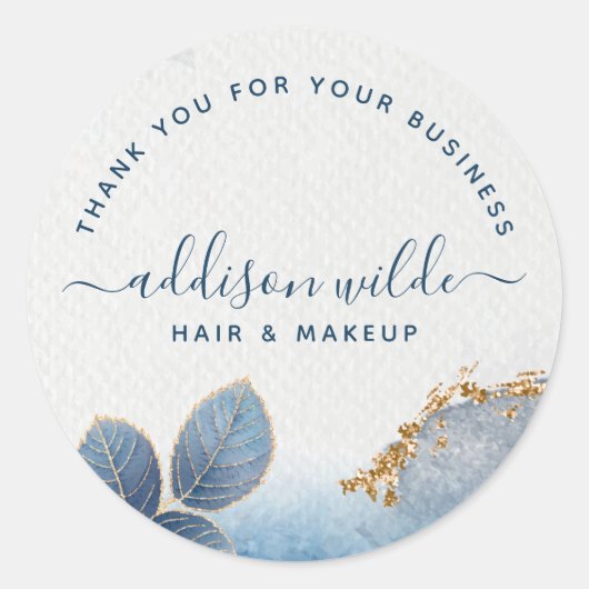 ブルー金ゴールド水彩植物学葉品ありがとう ラウンドシール (正面)