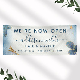 ブルー金ゴールド水彩植物学葉系事業 横断幕