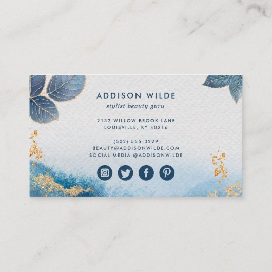 ブルー金ゴールド水彩植物性葉抽象芸術 ロイヤリティカード (裏面)