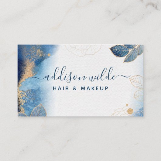 ブルー金ゴールド水彩植物性葉抽象芸術QR 名刺 (正面)