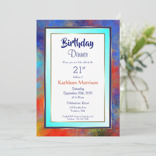 ブルー金ゴールド水彩21stバースデーディナー招待状 招待状 (スタンド正面)