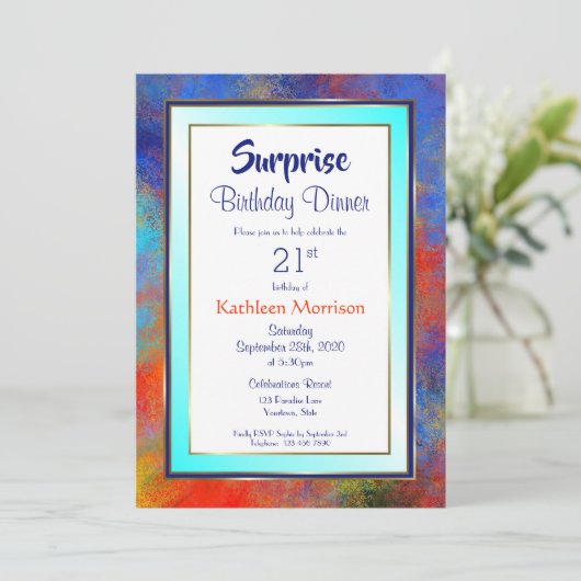ブルー金ゴールド水色サプライズ21st誕生日ディナー 招待状 (スタンド正面)