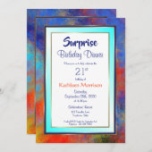 ブルー金ゴールド水色サプライズ21st誕生日ディナー 招待状 (正面/裏面)