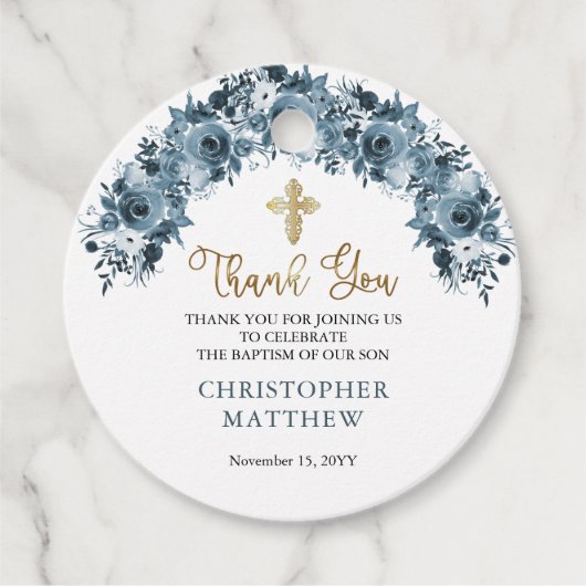 ブルー金ゴールド水色フローラボーイバプティスサンキュー フェイバータグ (正面)