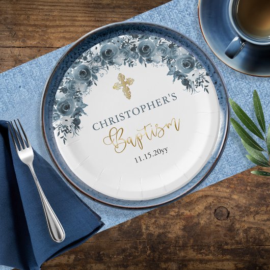 ブルー金ゴールド水色フローラボーイバプティスサンキュー ペーパープレート