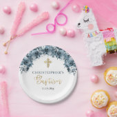 ブルー金ゴールド水色フローラボーイバプティスサンキュー ペーパープレート (パーティー)