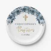 ブルー金ゴールド水色フローラボーイバプティスサンキュー ペーパープレート (正面)