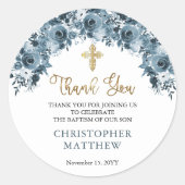 ブルー金ゴールド水色フローラボーイバプティスサンキュー ラウンドシール (正面)