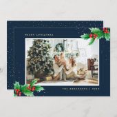 ブルー金ゴールド水色ホリーフォトクリスマスカード シーズンカード (正面/裏面)