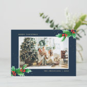 ブルー金ゴールド水色ホリーフォトクリスマスカード シーズンカード (スタンド正面)