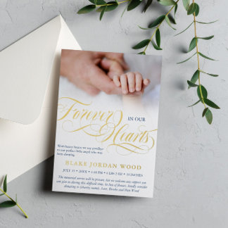 ブルー金ゴールド永遠に私たちのハートベビーメモリアル 箔招待状