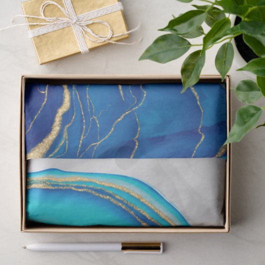 ブルー金ゴールド液絵画液芸術抽象芸術 薄葉紙 (ギフト)