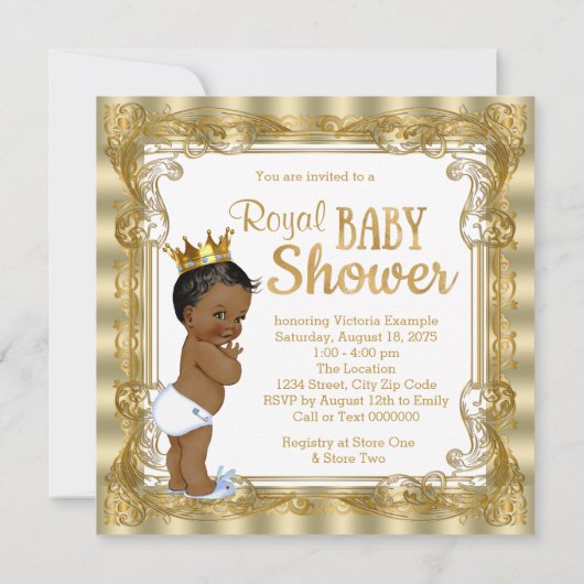 ブルー金ゴールド王室のプリンスベビーシャワー 招待状 (裏面)