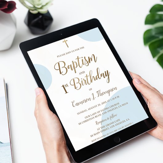 ブルー金ゴールド男の赤ちゃんバプテスマ1歳招待状 招待状