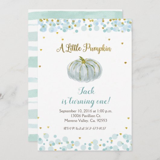 ブルー金ゴールド私たちのカボチャは1つの招待状を回している 招待状 (正面/裏面)