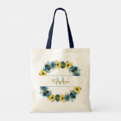 ブルー金ゴールド秋の花リースモノグラム トートバッグ (裏面)