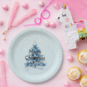 ブルー金ゴールド紙吹雪ドットクリスマスツリー ペーパープレート (パーティー)